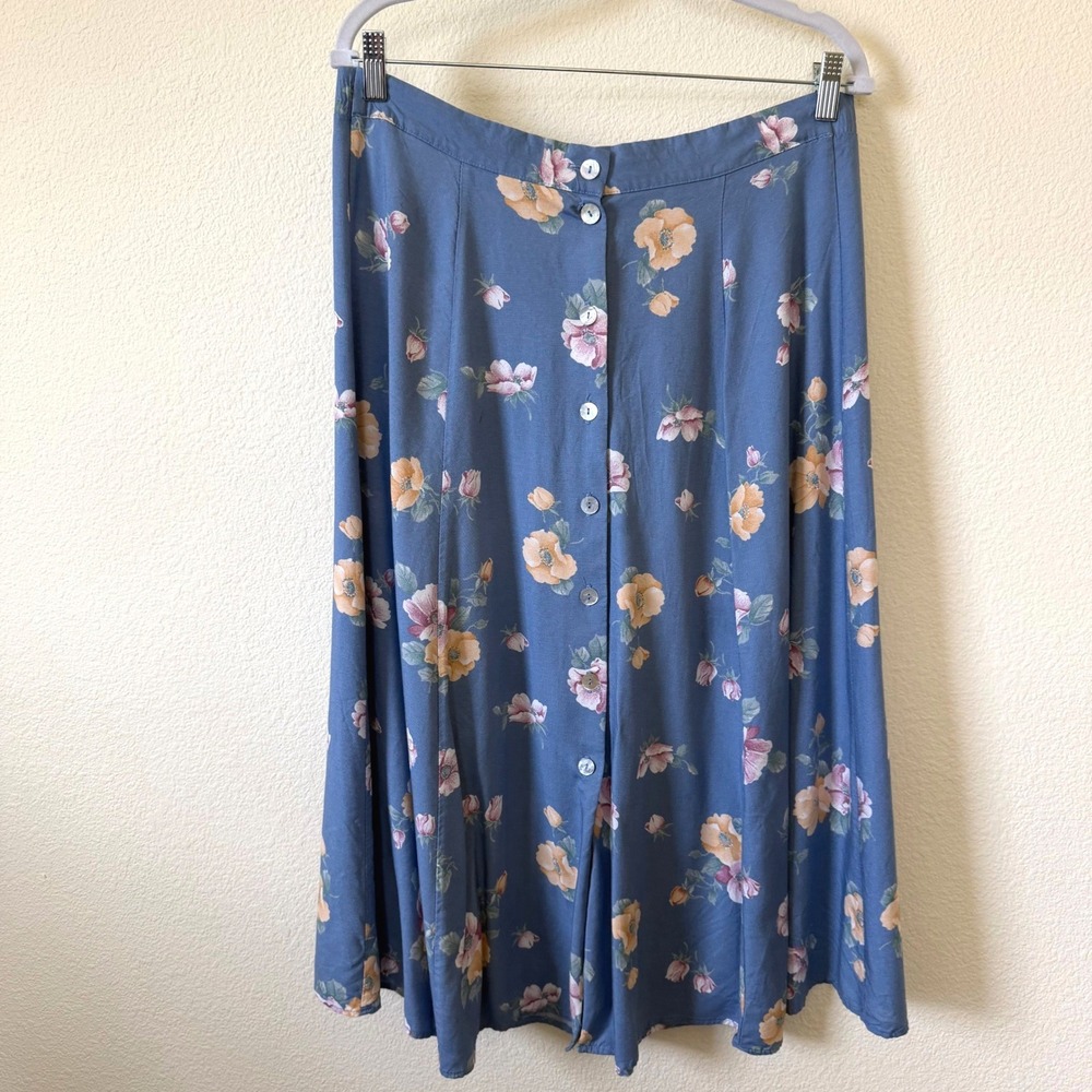 Vintage Blue Pink Floral Button Front Midi Skirt Cottagecore Girly‎ Grunge 90s